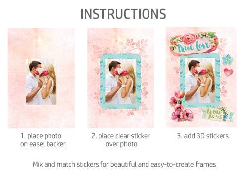 instructions for scrapbook stickers frame featuring photos of a couple surrounded by pink and teal watercolor florals and hearts shown on a white background.