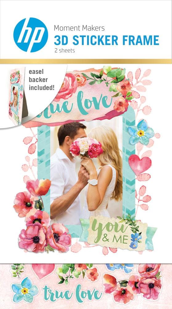 3D scrapbook stickers frame featuring a photo of a couple surrounded by colorful florals and hearts shown in package
