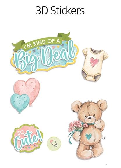 3D scrapbook stickers featuring illustrated  bears, hearts and a onesie shown on a white background.