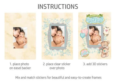 Instructions for assembling a frame using scrapbook stickers featuring illustrated bears and hearts.