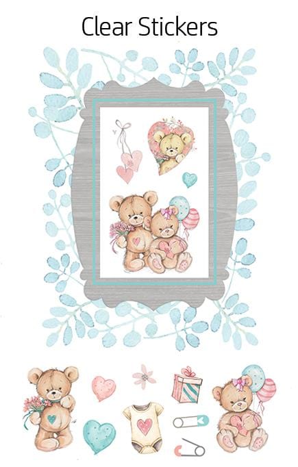 clear scrapbook stickers featuring illustrations of bears, hearts and a frame shown on a white background.