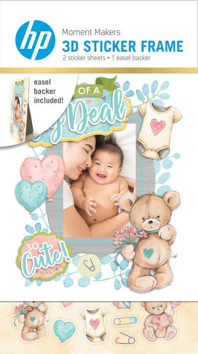 scrapbook stickers featuring a photo of a mom and baby with illustrated bears and hearts shown in HP 3D sticker frame package