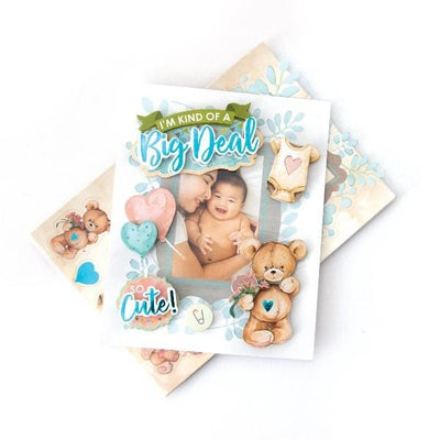 3D scrapbook stickers featuring a photo of a mom and baby with illustrated bears and hearts shown over a sheet of stickers on a white background.