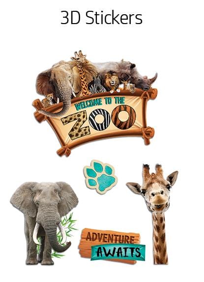 3D scrapbook stickers featuring zoo animal signs, an elephant and a giraffe shown on a white background.