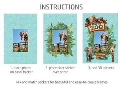 instructions for a 3D scrapbook sticker frame featuring photos of a girl with a giraffe surrounded by zoo animal scrapbook stickers shown on a white background.