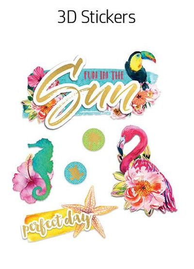 3D scrapbook stickers featuring flamingo, florals, seahorse and "Fun in the Sun" shown on a white background.