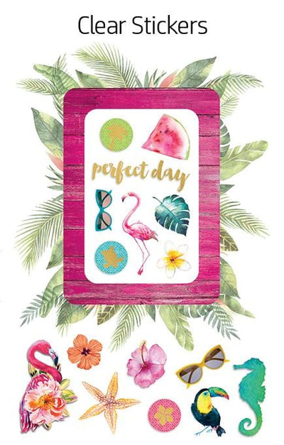 scrapbook stickers featuring a pink wood frame surrounded by greenery, florals, flamingo and seahorse shown on white background.