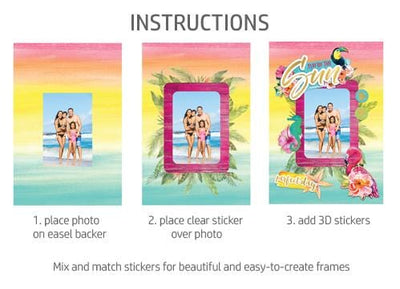 instructions for 3D scrapbook stickers frame featuring a photo of a family at the beach surrounded by colorful stickers shown on white background.