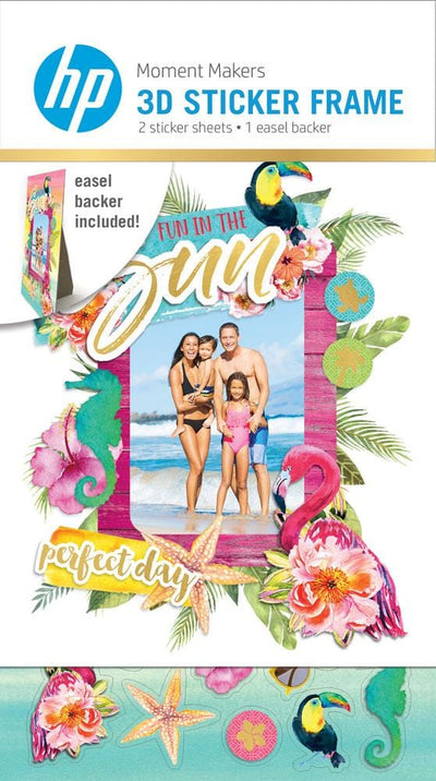 3D scrapbook stickers frame featuring a photo of a family at the beach surrounded by colorful flamingos and florals shown in package