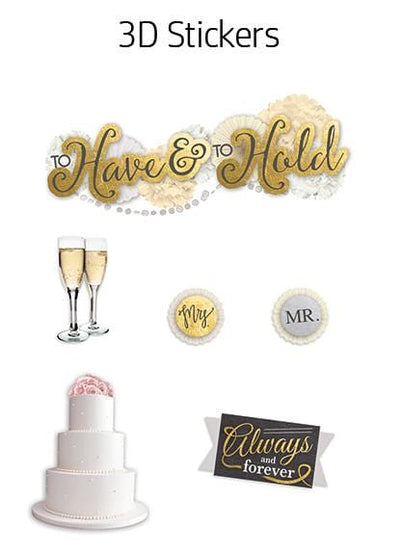 3D scrapbook stickers featuring champagne, wedding cake and gold accented words of love shown on a white background.