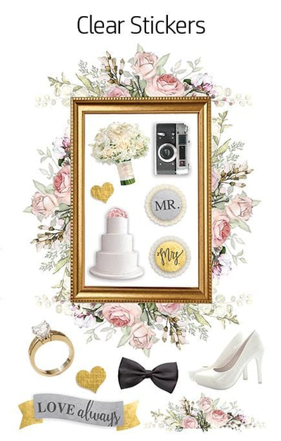 scrapbook stickers featuring a gold frame surrounded by florals, diamond ring, high heels and black bow tie shown on a white background.