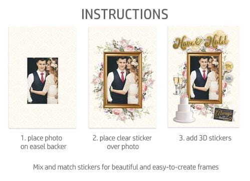 instructions for scrapbook stickers featuring photos of a wedding couple surrounded by a gold frame and florals shown on a white background.