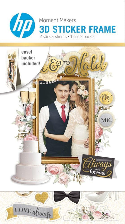 3D scrapbook stickers frame featuring a photo of a wedding couple surrounded by florals, champagne and gold accents shown in package