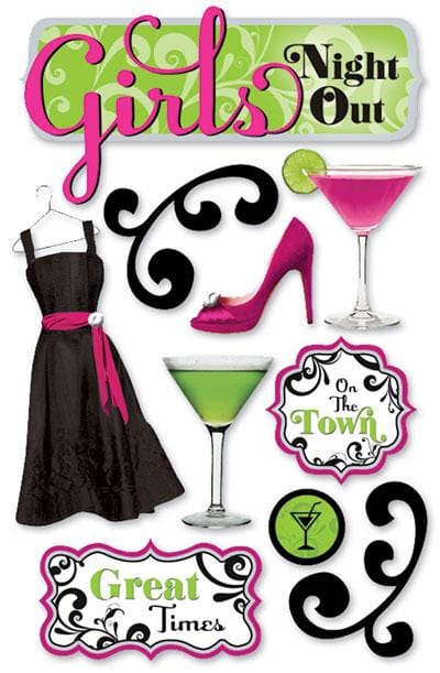 3D scrapbook sticker featuring a black dress, pink heels and pink and green cocktails shown on a white background.