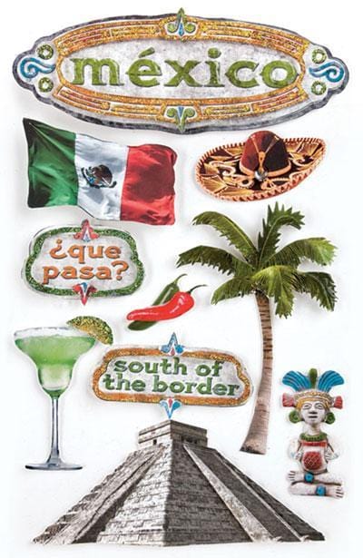 3D scrapbook sticker featuring photo-real images of the Mexican flag, a palm tree and Chichen Itza. 
