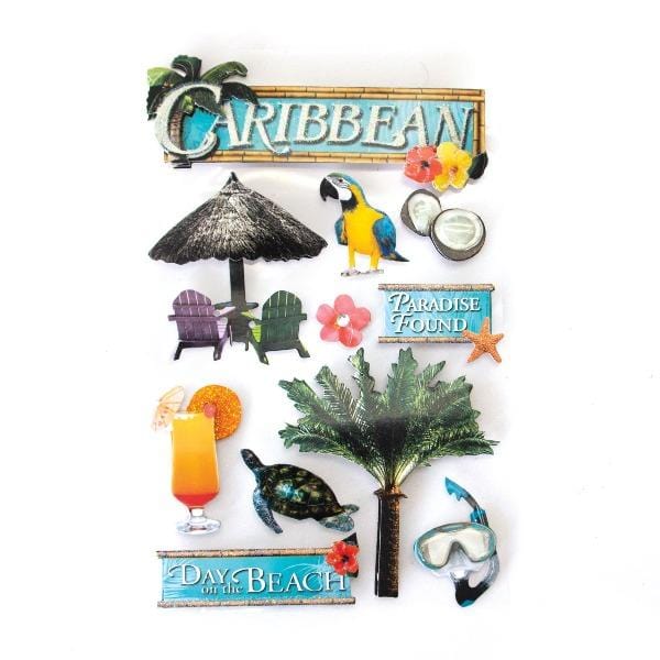 3D scrapbook stickers featuring photo real palm tree, turtles and Caribbean themes shown on a white background.