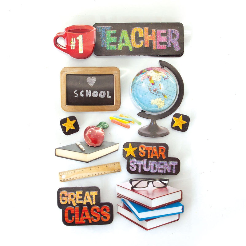 3D scrapbook stickers featuring colorful chalkboard art, the world globe and a stack of books.