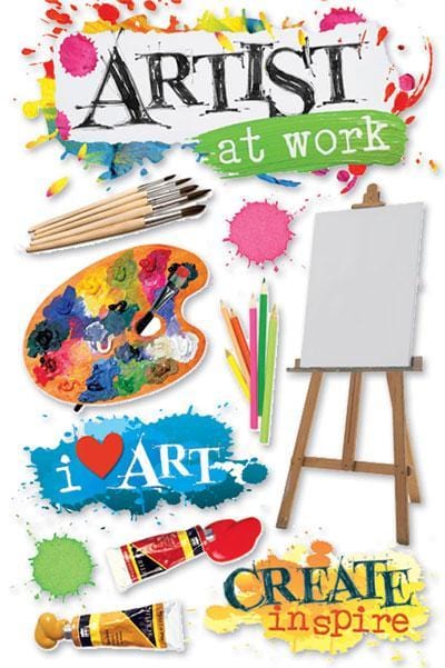 3D scrapbook stickers featuring colorful art supplies, paints, brushes and an easel.