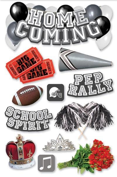 3D scrapbooking stickers featuring silver and black homecoming balloons and red roses, game tickets and a crown.
