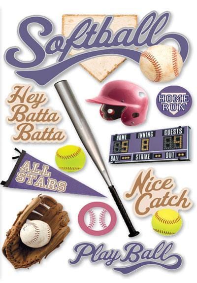 3D scrapbook stickers featuring softballs, bats and helmets shown on a white background.