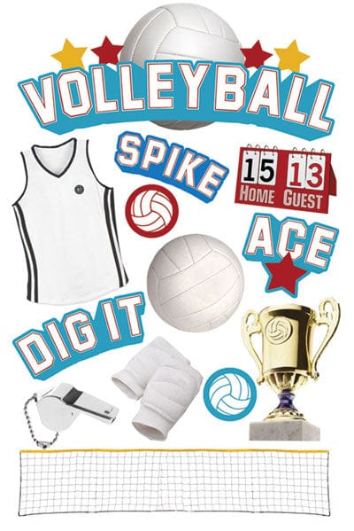 sheet of 3d scrapbook scrapbook stickers featuring volleyball equipement and words such as volleyball, spike, dig it, ace