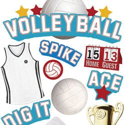 cropped image of sheet of 3d scrapbook scrapbook stickers featuring volleyball equipement and words such as volleyball, spike, dig it, ace