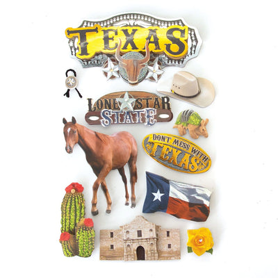 3D scrapbook stickers featuring Texas, the Alamo, cowboy hat and horse with gold details.