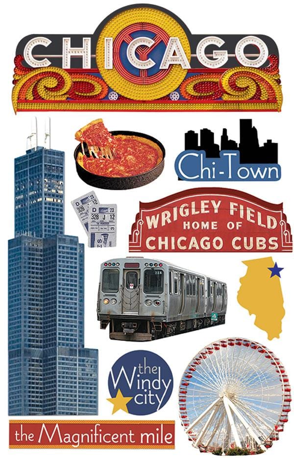 3D scrapbook stickers featuring Chicago, deep dish pizza, ferris wheel and the Wrigley Field sign.