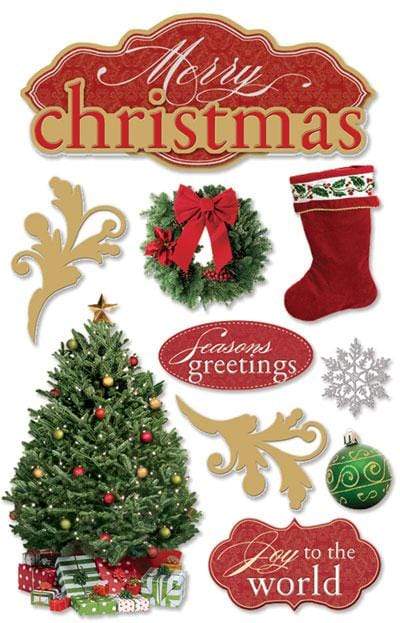 3D scrapbook stickers featuring large Merry Christmas sticker, Christmas tree sticker, wreath, red stocking, and other festive stickers