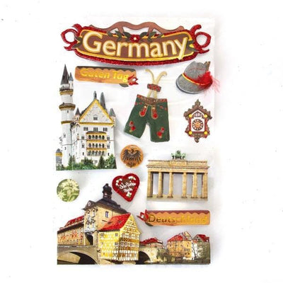 3D scrapbook sticker featuring Germany, lederhosen and castles with gold details.