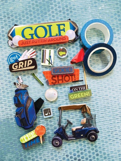 3D scrapbook sticker featuring golf themed imagery is shown next to 2 rolls of washi tape on a blue patterned background