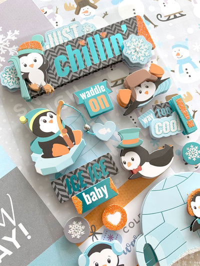 super cute 3D penguin scrapbook stickers illustrated doing fun winter activities with a touch of glitter