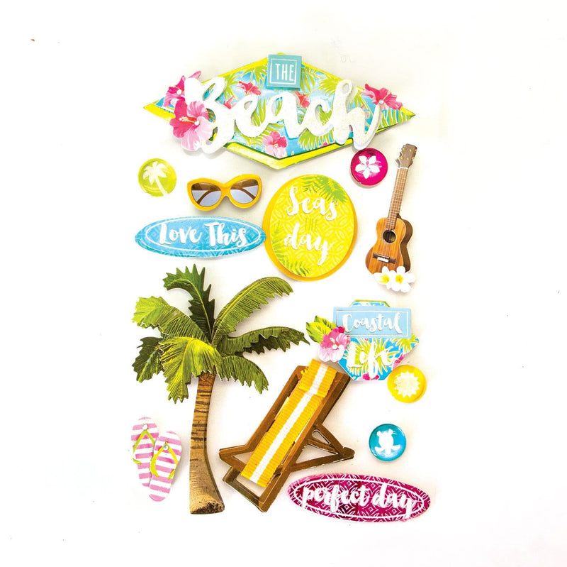 3D scrapbook stickers featuring colorful photo-real beach chair, flip flops and palm tree