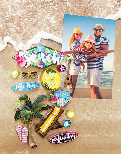 3D scrapbook stickers featuring colorful photo-real flip flops, beach chair and palm tree shown next to a photo of a family at the beach on a beach sand background.