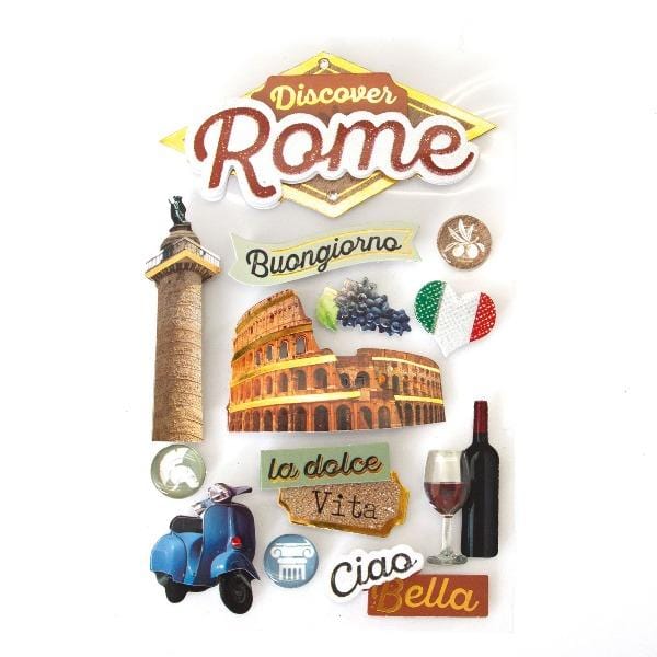 3D scrapbook sticker featuring Rome, the colosseum, and wine bottle.
