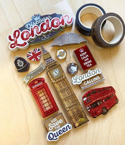 3D scrapbook stickers featuring Big Ben and other London themed images shown next to 2 rolls of washi tape.