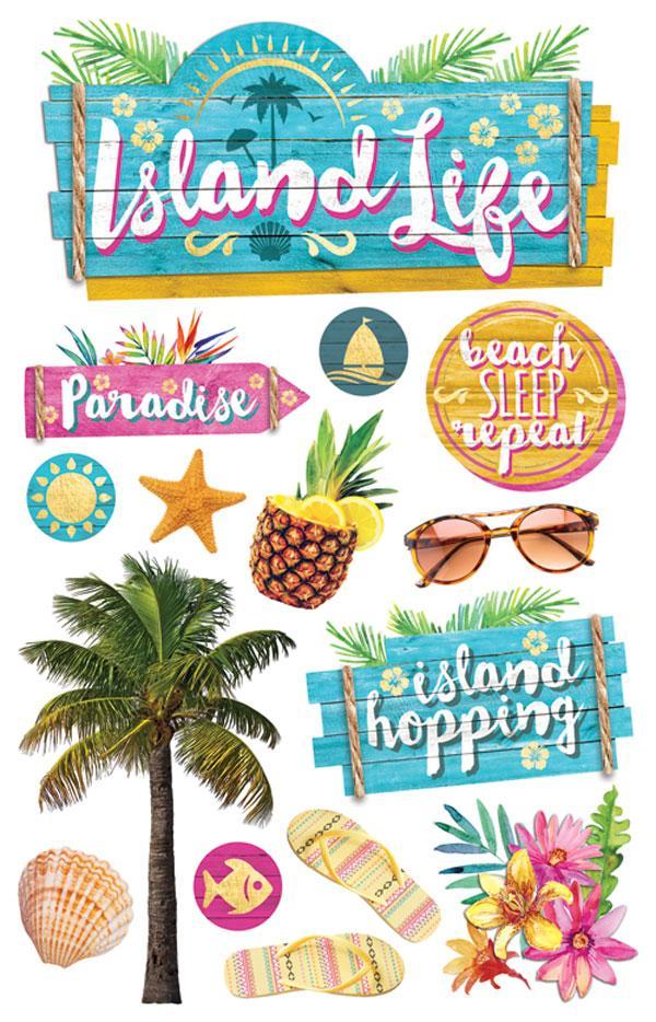3D scrapbook stickers featuring palm trees, flip flops and island life.