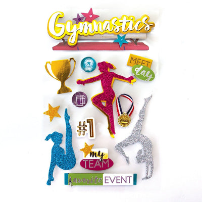 3D scrapbook stickers featuring colorful glitter gymnastics silhouettes.