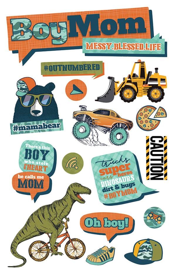 3D scrapbook stickers featuring illustrations of dinosaurs, trucks, sneakers in teal, orange and olive colors
