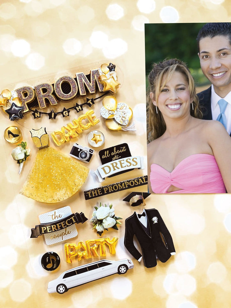 3D scrapbook stickers featuring a gold prom dress, a black tuxedo and gold balloons shown next to a photo of a young couple on a yellow bokeh background.