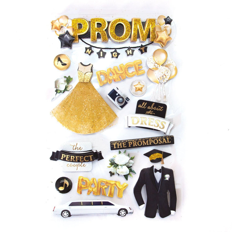 3D scrapbook stickers featuring a gold prom dress, a black tuxedo and gold balloons
