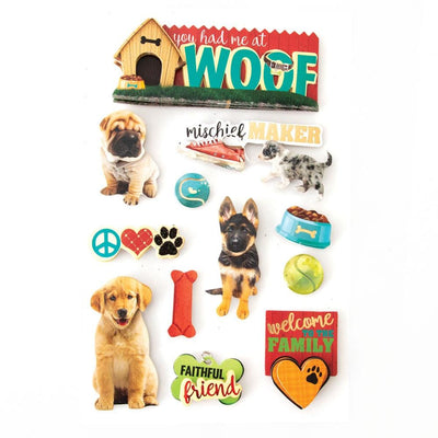 3D scrapbook stickers featuring photo real puppies and a dog house.