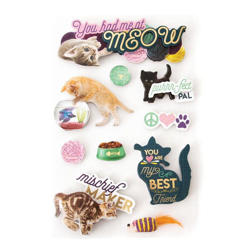3D scrapbook stickers featuring cats and kittens and pink yarn.