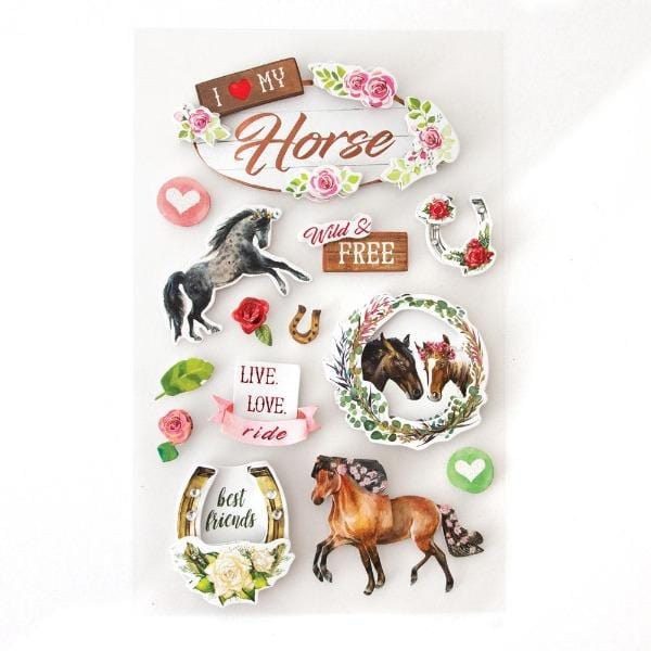 3D scrapbook sticker featuring horse illustrations and florals.