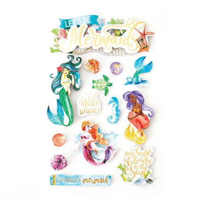 3D scrapbook stickers featuring illustrated mermaids with gold details shown on a white background.