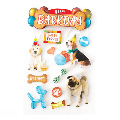 3D scrapbook stickers featuring photographic pups in party hats.