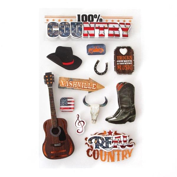 3D scrapbook stickers featuring 100% country, guitar, cowboy hat and boots.
