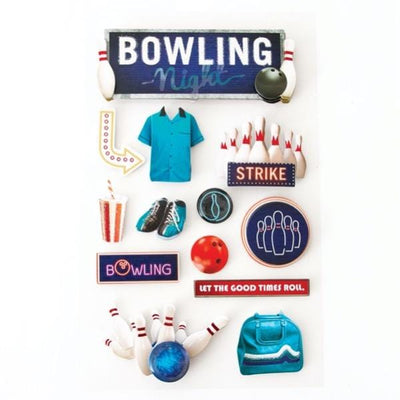 3D scrapbook stickers featuring bowling balls, pins, and a blue bowling shirt.