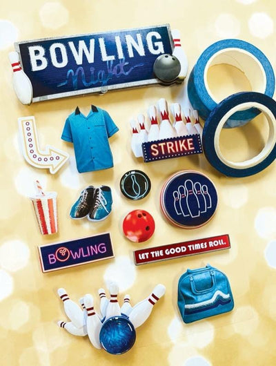 3D scrapbook sticker featuring bowling balls, pins, and a blue bowling shirt shown next to 2 rolls of washi tape on a yellow background.