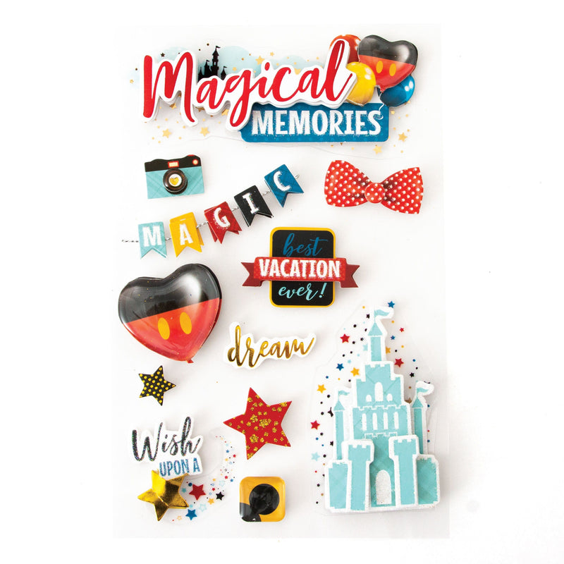 3D scrapbook stickers featuring colorful illustrations of a magical castle, red polka dot bow tie and a camera.